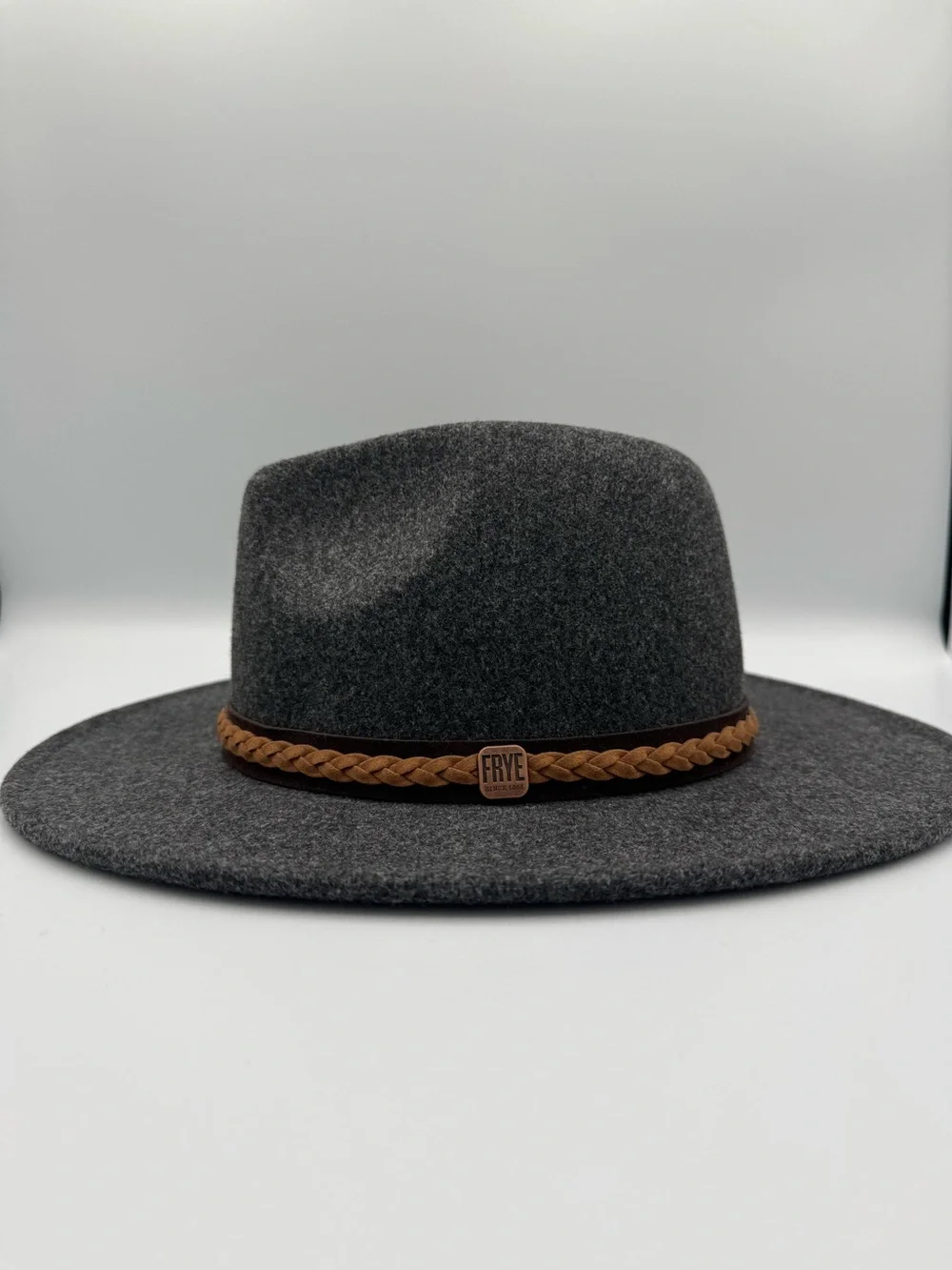 FRYE Felt Tall Crown Fedora Hat, Leather Band, Hat Size OSFM, Heather Grey